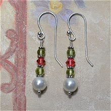 925 Sterling Silver Wrapped Peridot, Swarovski Crystal & Glass Pearl Earrings by Meg - AllureBeads